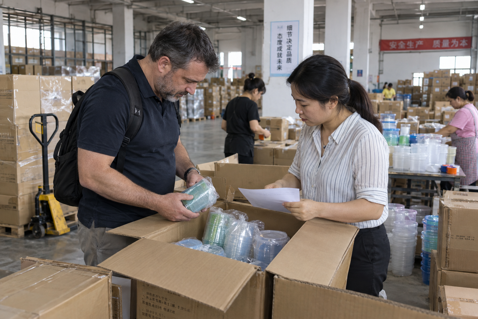 Overseas buyer checking packed products and cartons in the export packing area