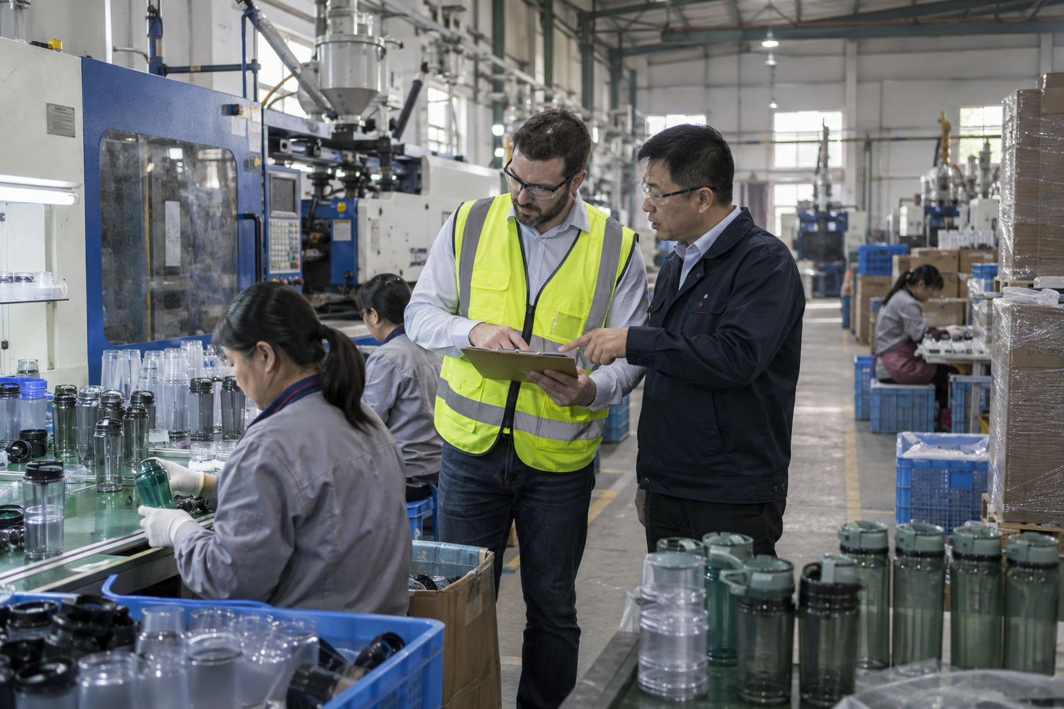 Overseas buyer reviewing an active drinkware production line with the factory manager