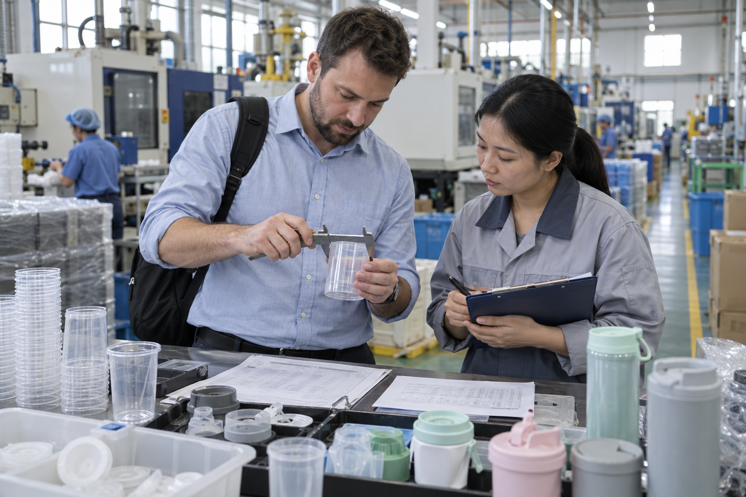 Overseas buyer and quality engineer measuring a product and reviewing inspection records