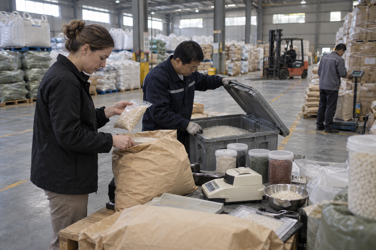 Overseas auditor inspecting incoming raw materials for molded reusable tableware
