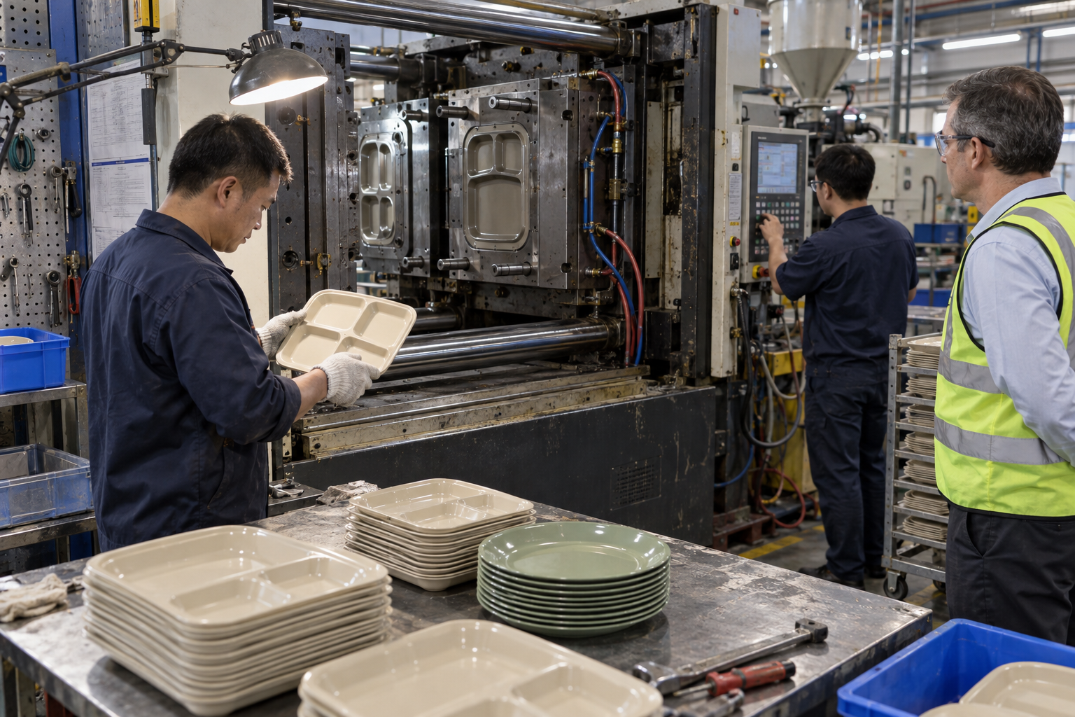 Factory mold trial and first-piece inspection for divided meal trays and plates