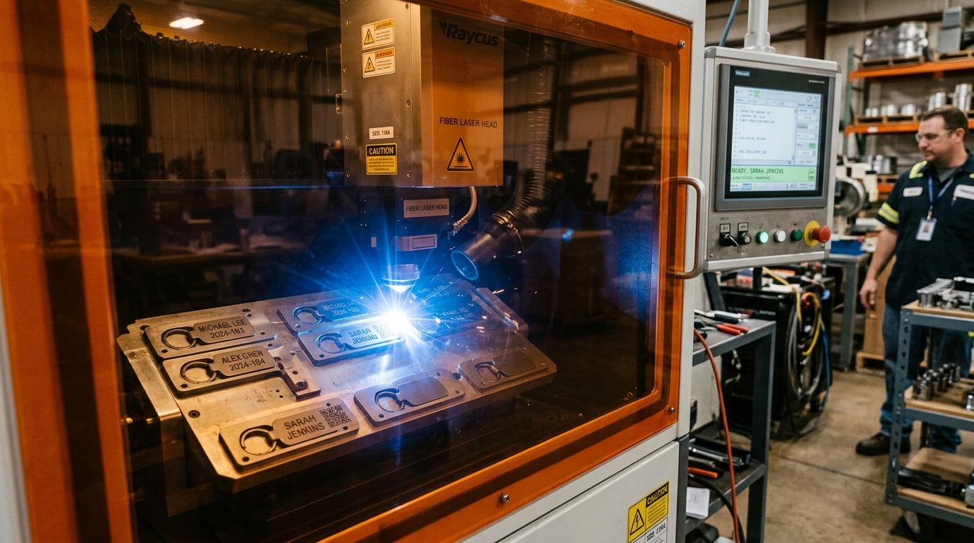 Industrial Fiber Laser Engraving Workshop Marking Employee Serialized Keychains