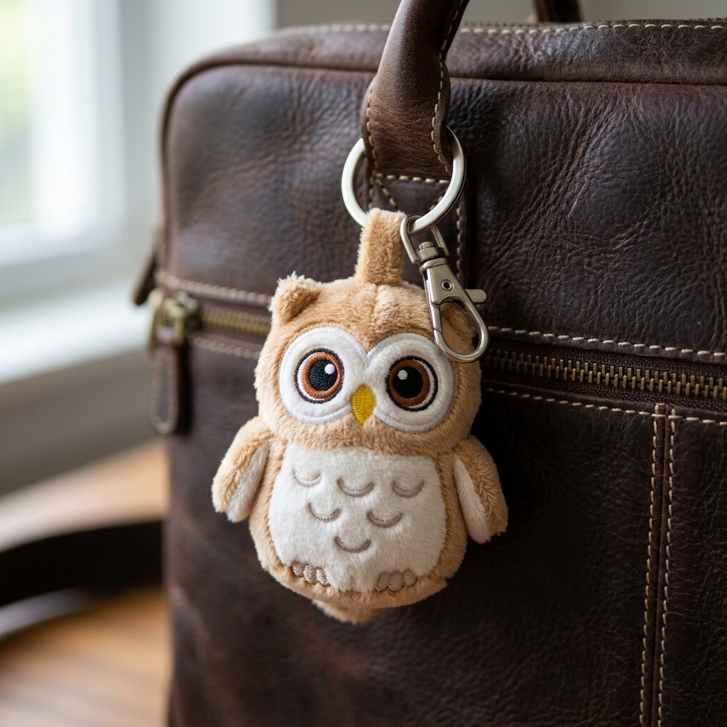 10cm Mini Owl Plush Keychain Fob on Leather Bag