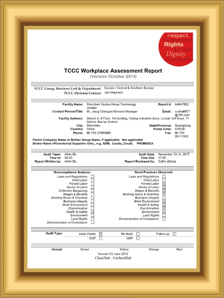 The Coca-Cola Company (TCCC) Workplace Assessment Report - Green Pass
