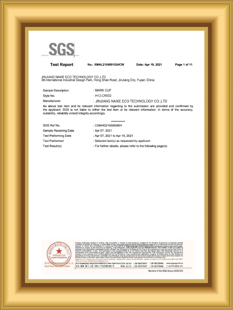 SGS Official Test Report for Jinjiang Naike Eco Technology Co., Ltd.