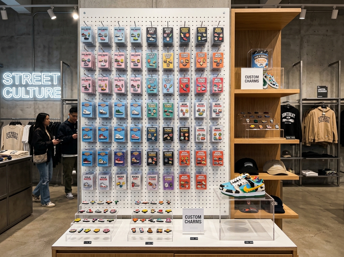 Streetwear shoe charms and retail merch solution